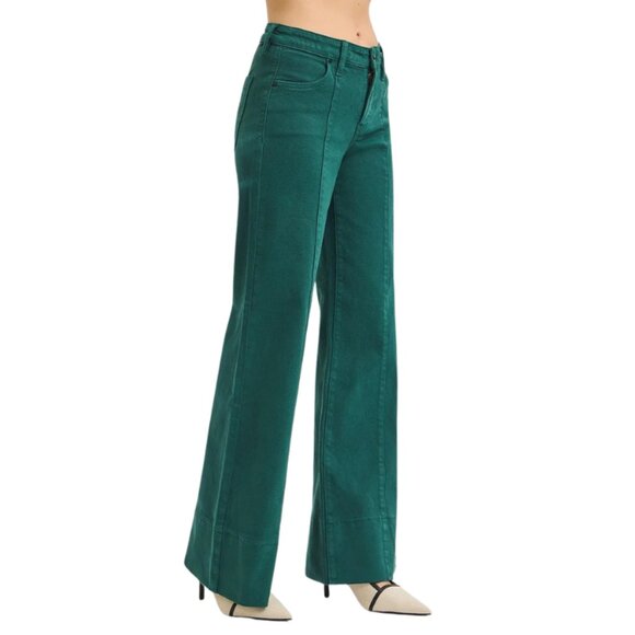 Hunter Green Tummy Control Mid Rise Wide Leg Jeans Pin Tuck Denim - Picture 3 of 4